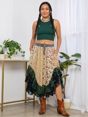 ✨ Young Threads Boho Patchwork Ruffle Midi Skirt Size XL NWT